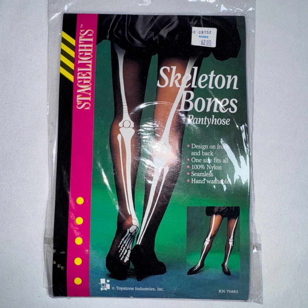 Vintage Stagelights Skeleton Bones Pantyhose Black Tights One Size RN76883